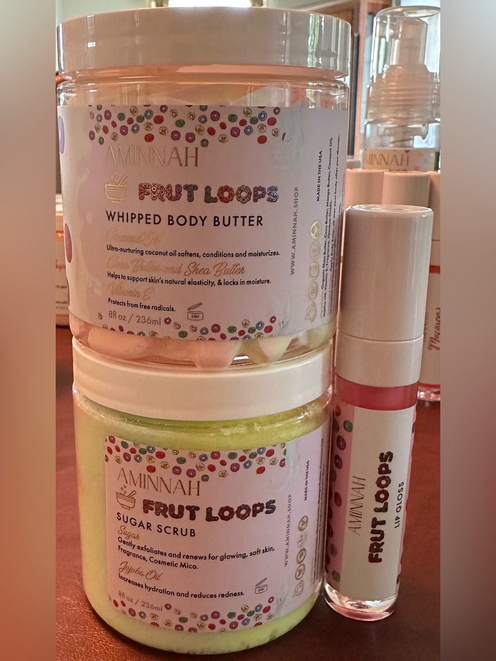 AMINNAH “Fruit Loops” Set/3 Sugar Scrub, Whipped Body Butter & Lip Gloss NEW
